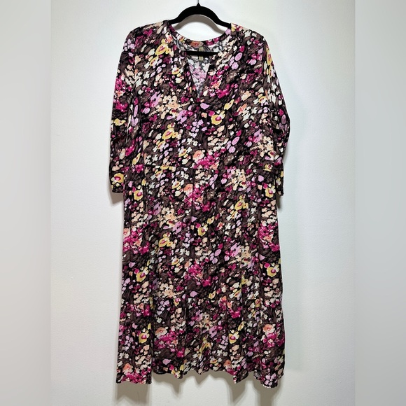 Soya Concept | Fuchsia Rose Floral Midi Dress | Tiered Flowy Dress with ¾ Sleeve - Picture 1 of 9